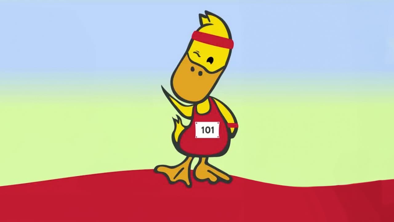 Digital illustration of cute duck character with marathon number and headband. Image produced by More Jersey.