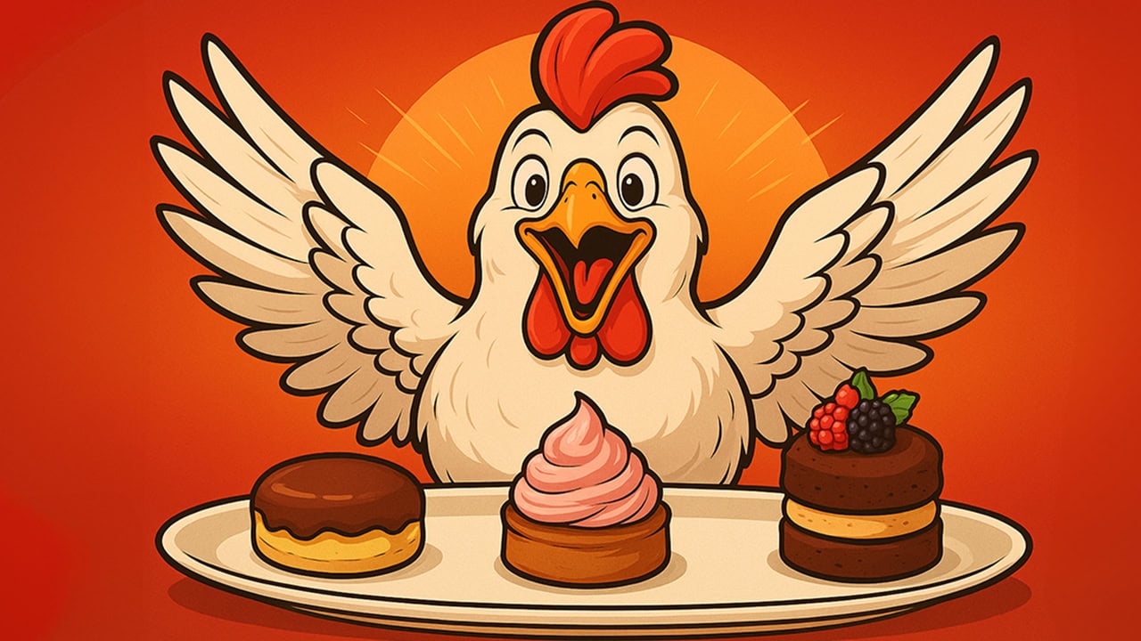Digital illustration of excited chicken with a plate of sweet and tasty desserts. Image produced by More Jersey.