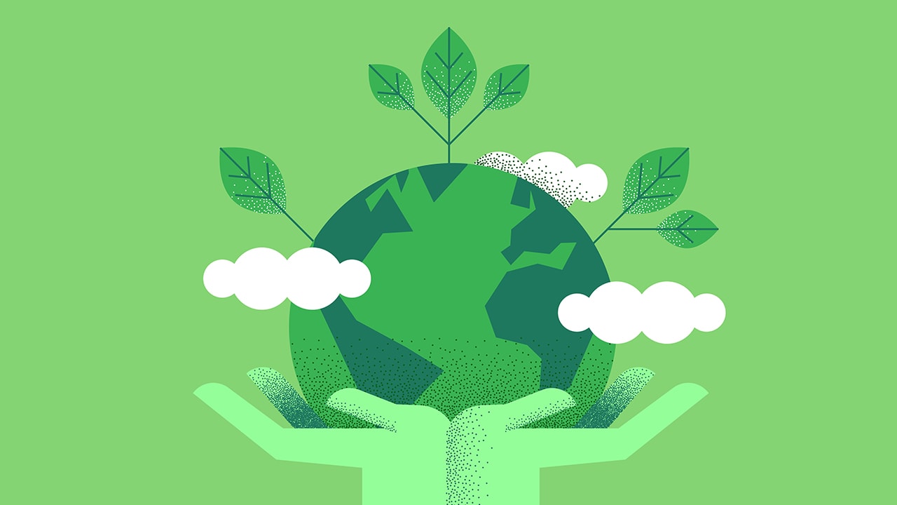 Digital illustration of hands holding planet earth for environment care and Earth Day.