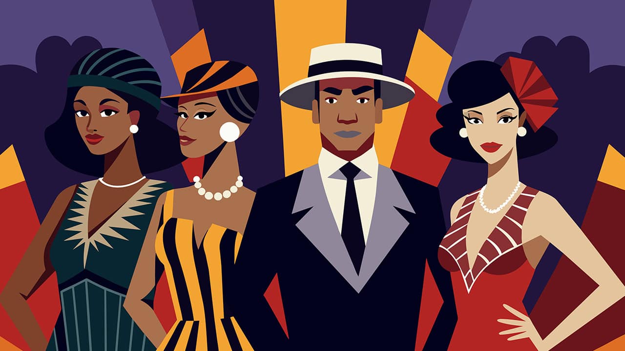 Digital illustration of Harlem Renaissance donning stylish fedoras sequined flapper dresses and dapper zoot suits.