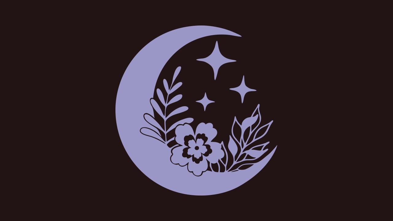 Digital illustration of magic moon with stars and flowers.