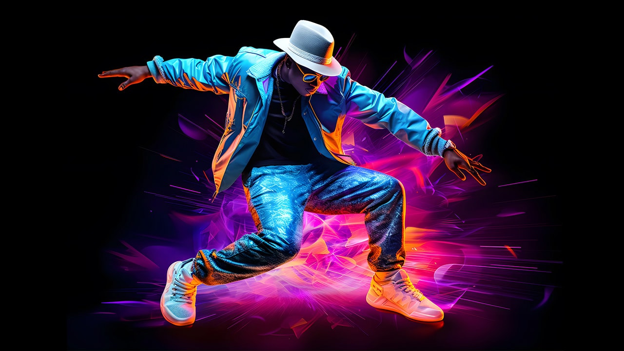 Digital illustration of male Hip-Hop dancer with stylish blue outfit and a white hat.