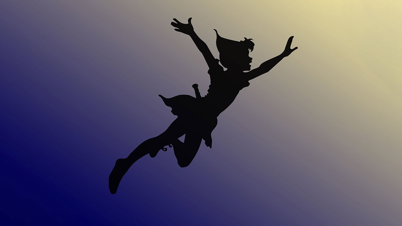 Digital illustration of Peter Pan silhouette flying. Image produced by More Jersey.