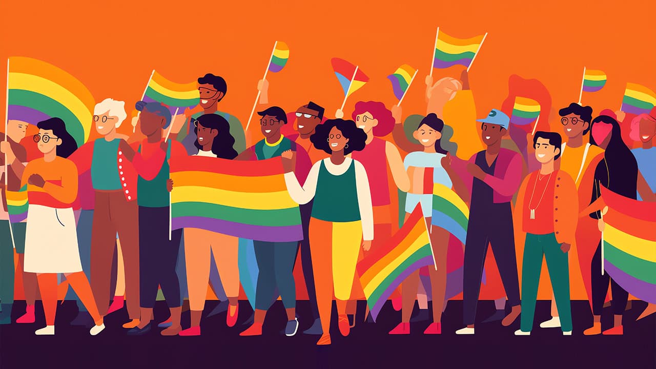 Digital illustration of residents celebrating Pride Month.