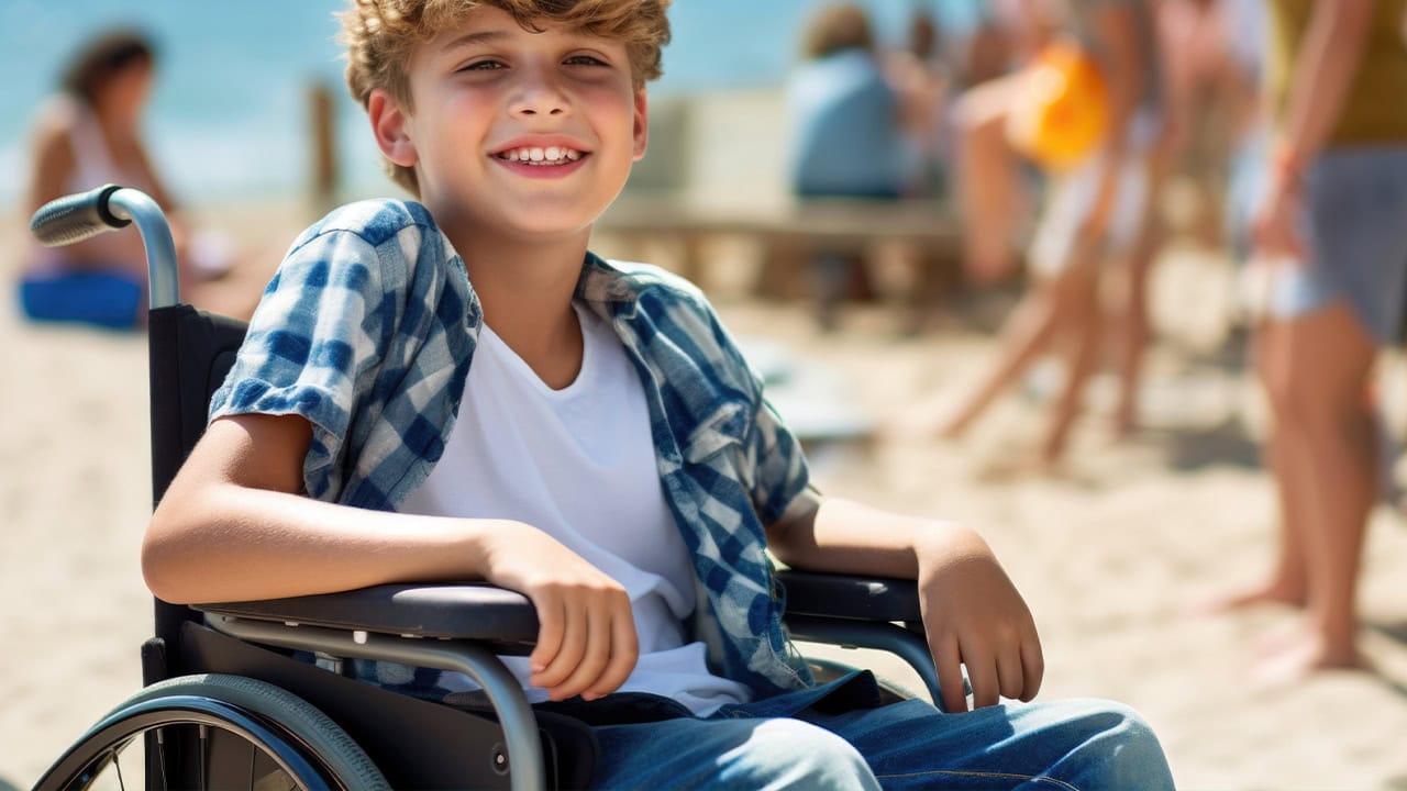 Disabled boy in wheelchair at New Jersey beach event. Image produced by More Jersey.