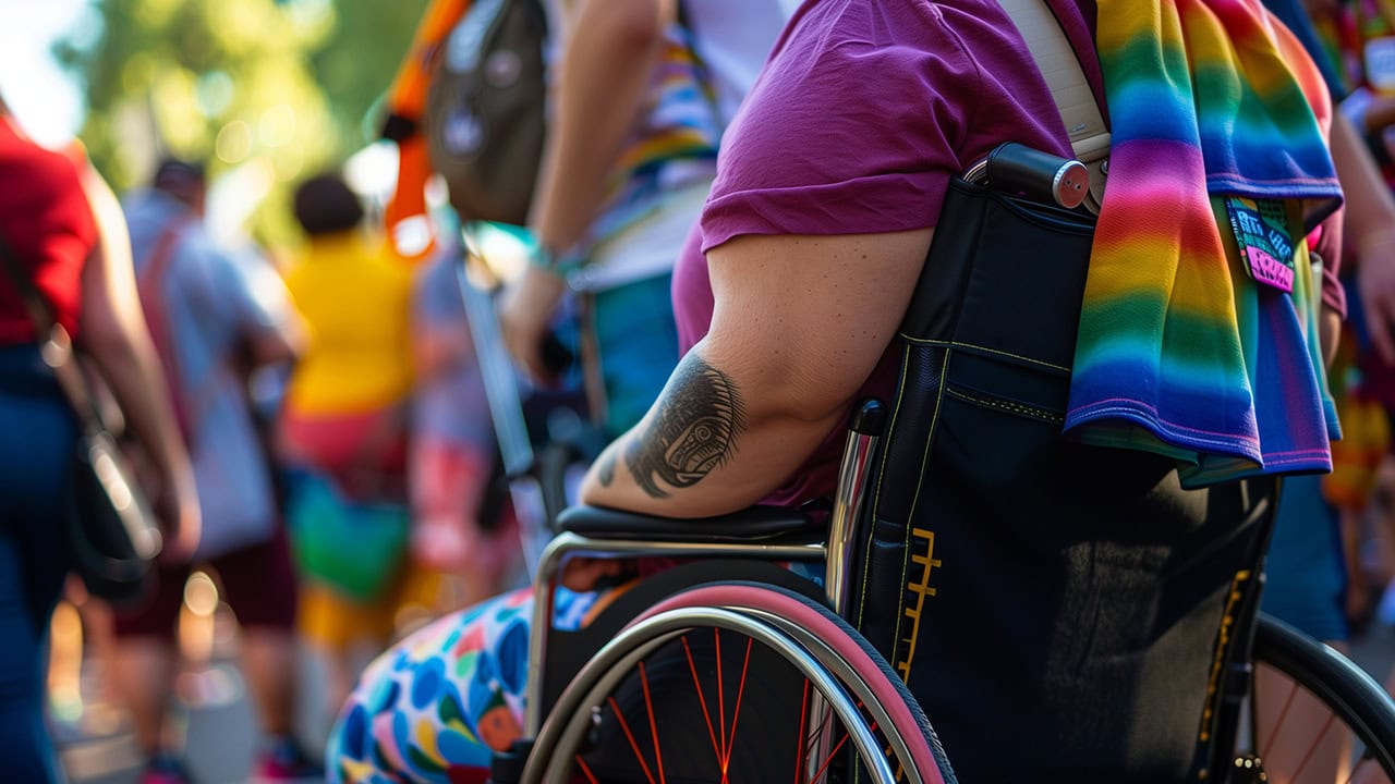 Disabled resident in wheelchair at outdoor New Jersey pride celebration.