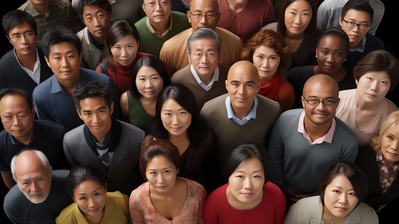 Diverse group of Asian Americans looking up.