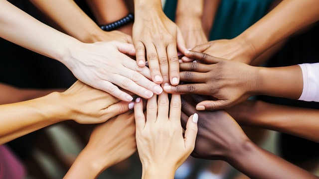 Diverse group of New Jersey women with their hands in a pile in the spirit of unity.