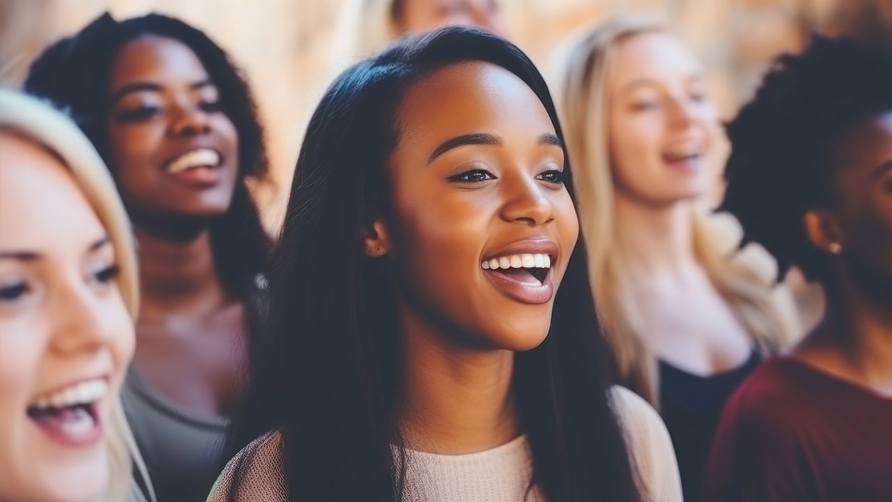 Diverse group of teenagers singing together. Image produced by More Jersey.