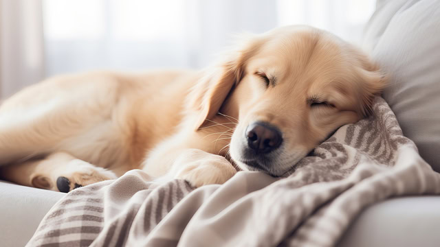 Dog sleeping comfortably on a sofa.