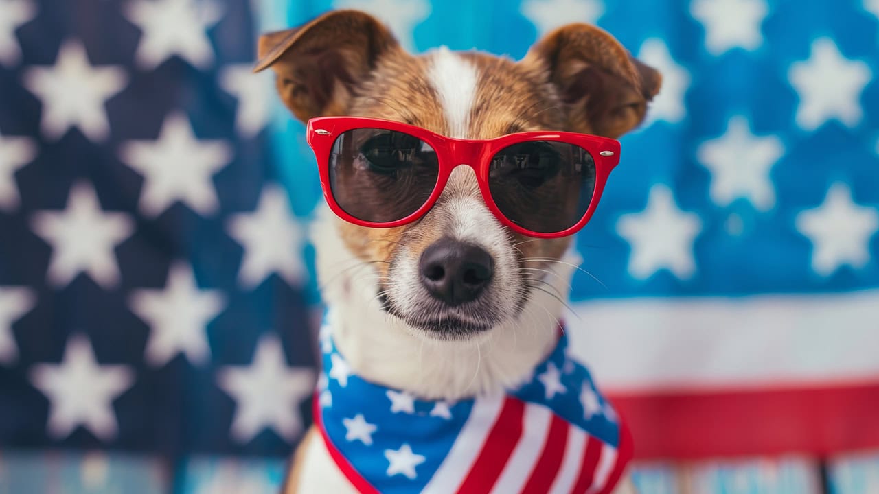 Dog wearing red sunglasses and American flag scarf against American flag background. Image produced by More Jersey.