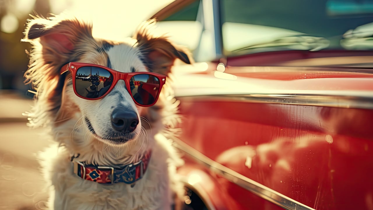 Dog wearing sunglasses next to red classic car at New Jersey car show.