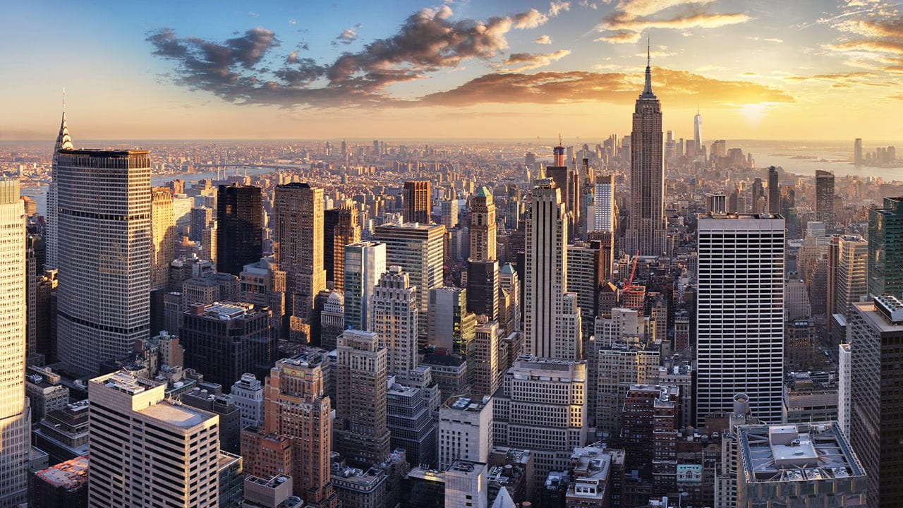 Drone shot of New York City Manhattan buildings.