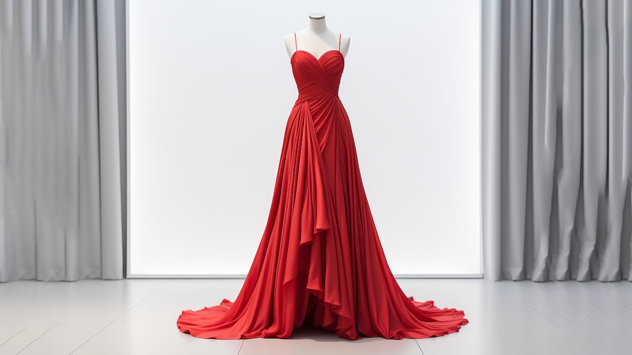 Elegant luxury women's red dress on a mannequin on display at New Jersey boutique.