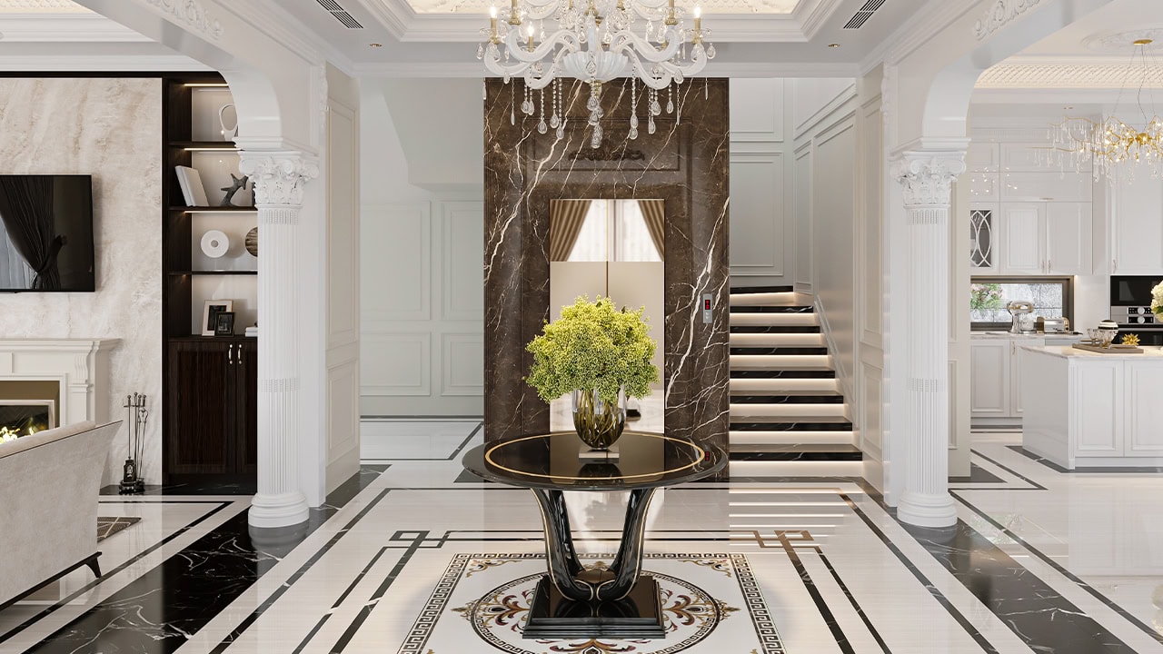 Entrance hall of luxury home with Italian marble interior and ornate tray ceilings. Image produced by More Jersey.