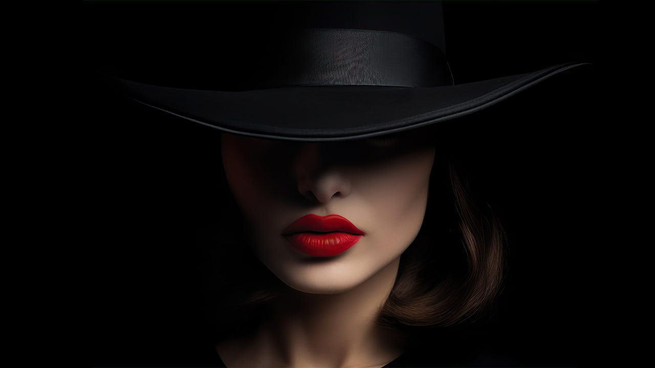 Fashion portrait of a woman with her face hidden by a large elegant black hat and bright red lips.