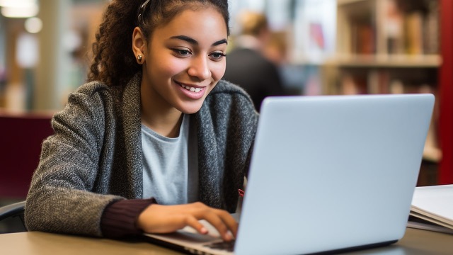 Female African American college student using her laptop to work on a project in the library.