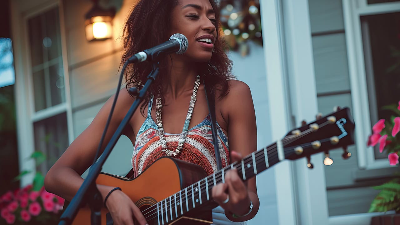 Female guitarist playing during porch concert series. Image produced by More Jersey.
