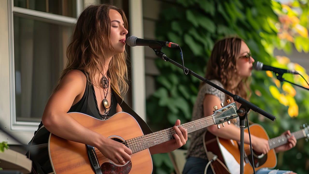 Female guitarists playing during porch concert series.