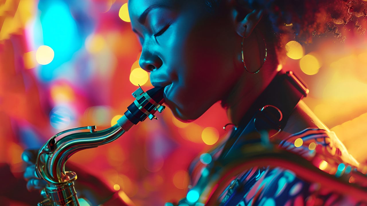Female saxophone player performing jazz music in a venue with colorful lights.