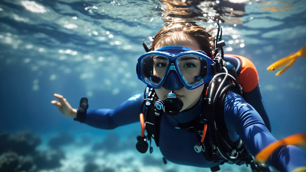Female scuba diver under water filming herself with an action camera.
