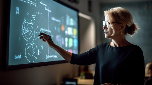 Female white teacher using a smart-board during an interactive class lesson.