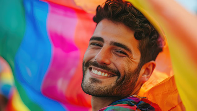 Gay man smiling with a rainbow flag during a New Jersey gay pride parade.