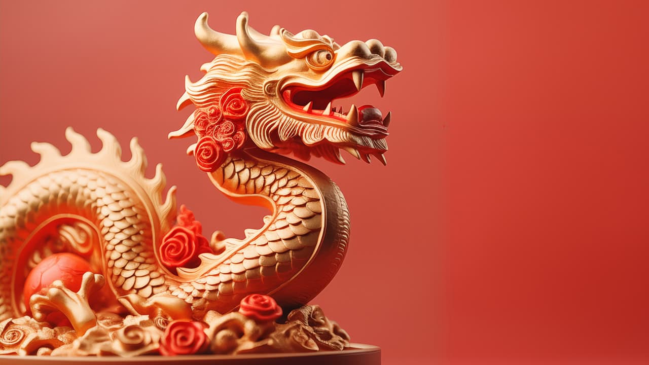 Gold and red color Asian dragon statue.