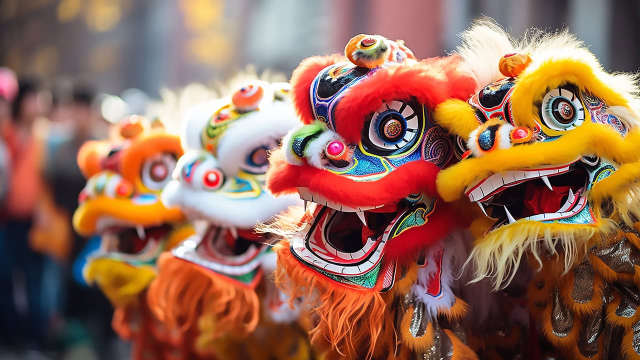 Group of Chinese dragon dancers.