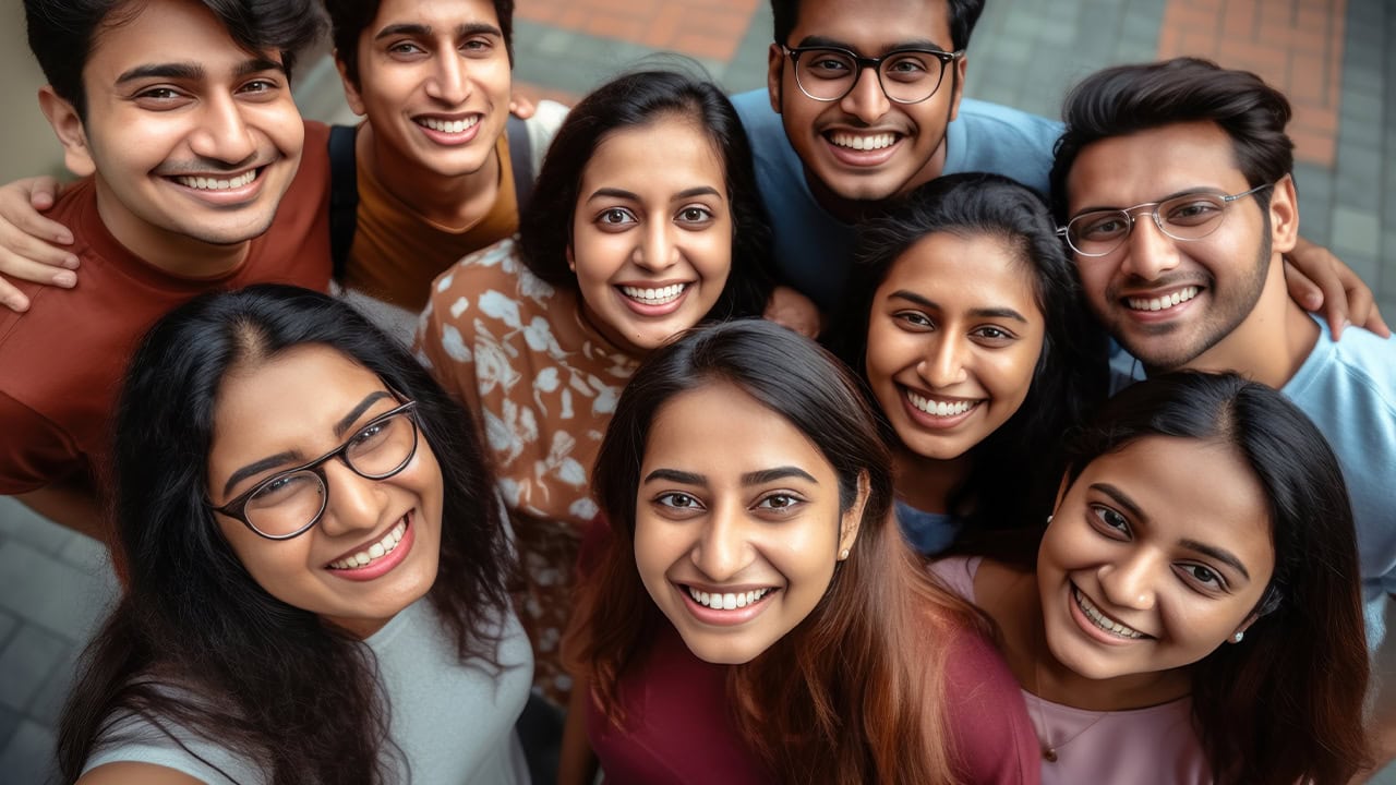 Group of Desi South Asian young adults taking a group photo.