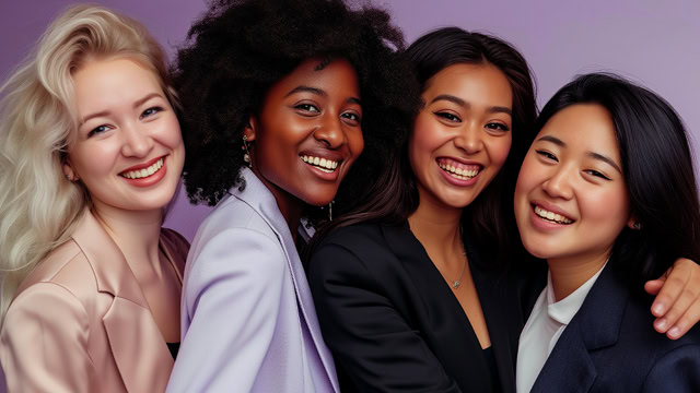 Group of diverse businesswomen smiling in front of a purple color background.