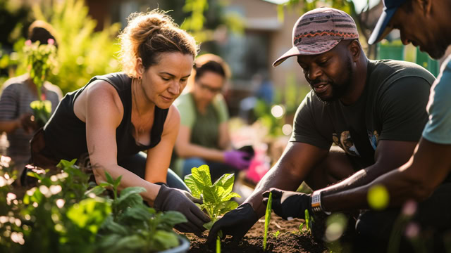 Group of diverse residents volunteering at a local urban garden.