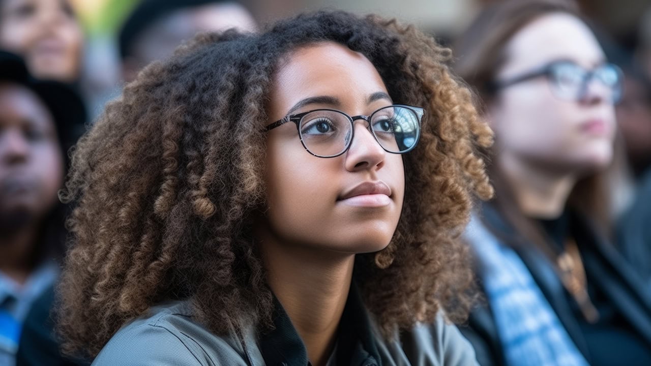 Group of diverse students listening to speaker at educational workshop. Image produced by More Jersey.