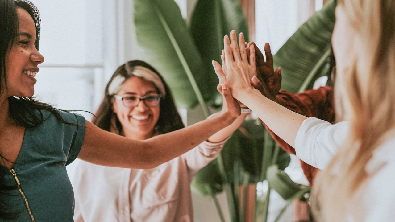 Group of diverse women high-fiving each other. Image produced by More Jersey.