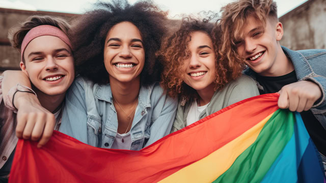 Group of diverse young adults joyfully holding a rainbow pride flag.