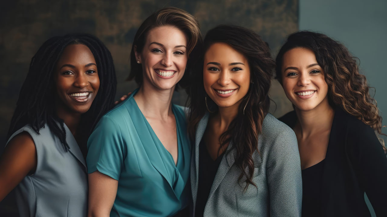 Group of multicultural professional women smiling for an event photo.