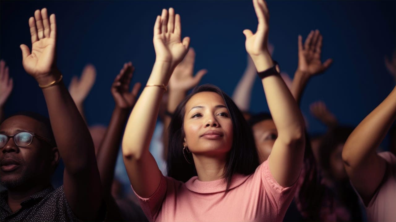 Group of people with raised hands in worship at a New Jersey Christian event.