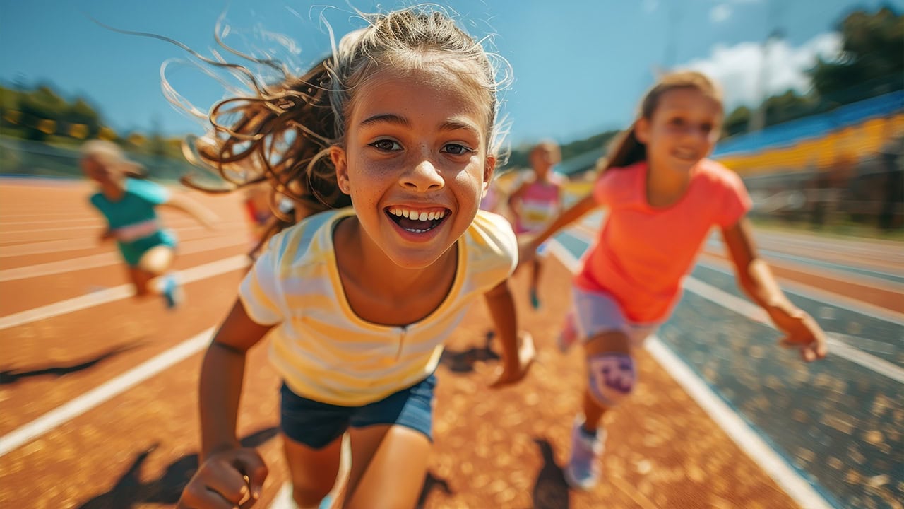 Group of young girls running on a track while smiling. Image produced by More Jersey.
