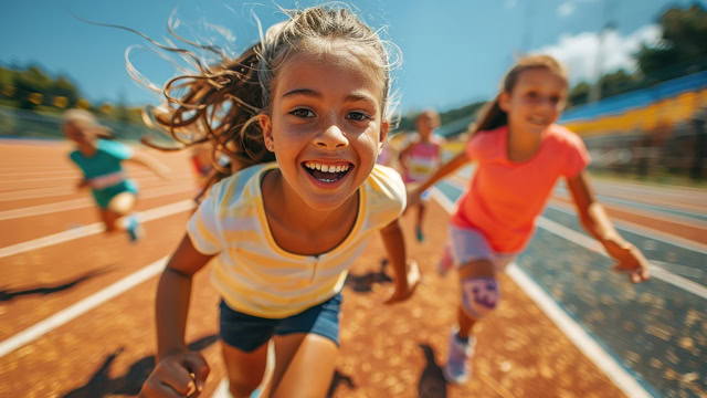 Group of young girls running on a track while smiling.