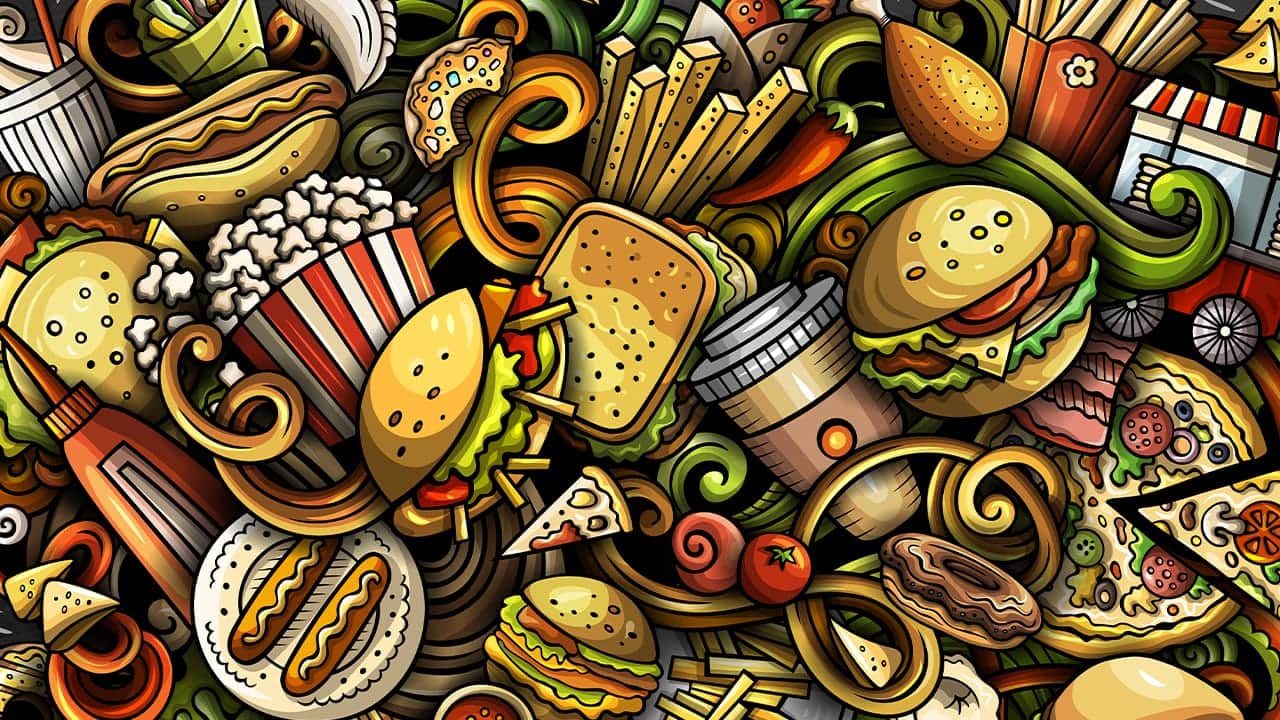 Hand drawn collage of various fast food illustrations.