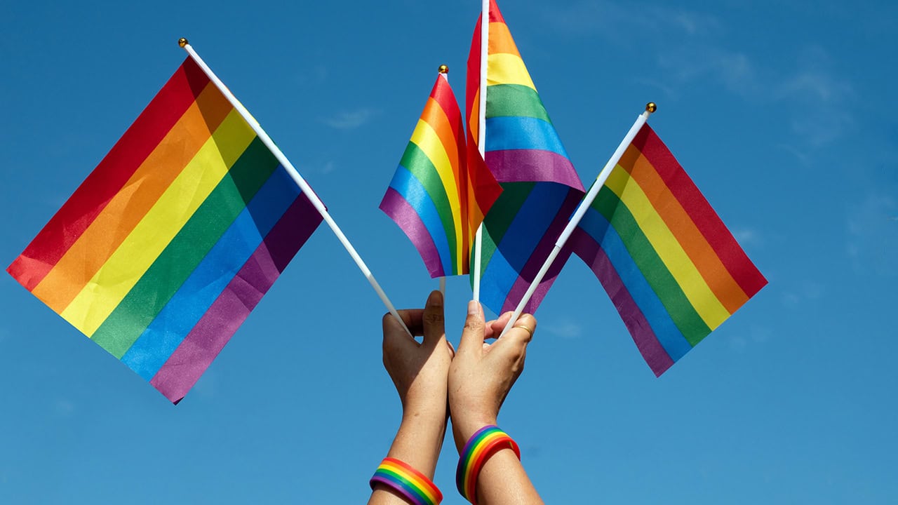 Hands holding pride flags in the sky. Image produced by More Jersey.