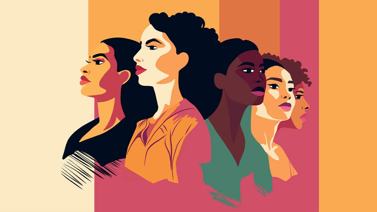 illustration of diverse women of different cultures and nationalities stand side by side together for women's history and empowerment.