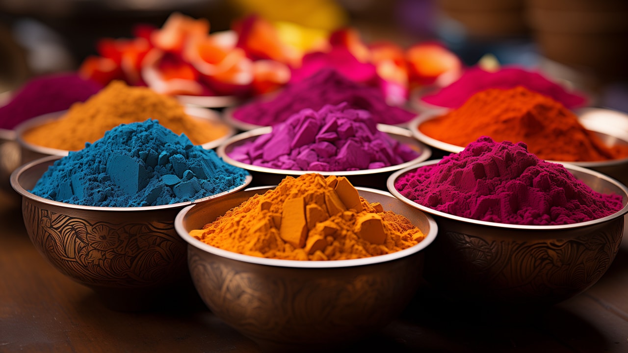Indian Holi festival color powders in bowls.