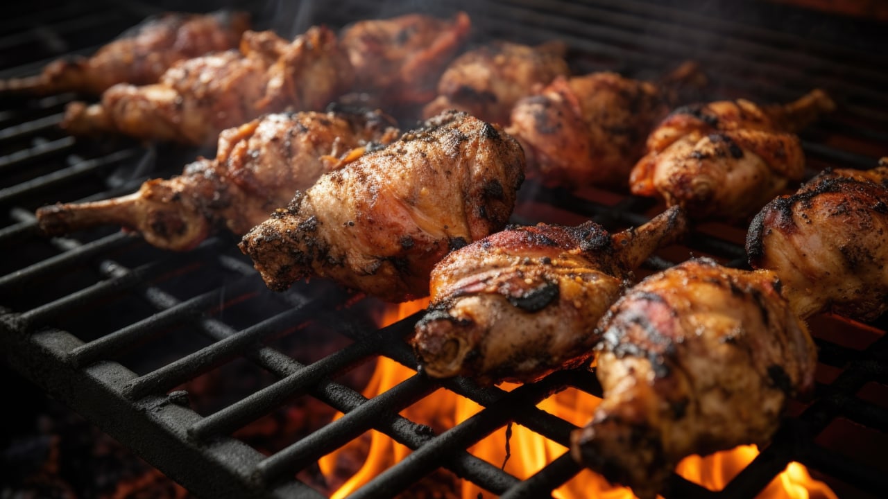 Jamaican jerk chicken grilled on open fire.