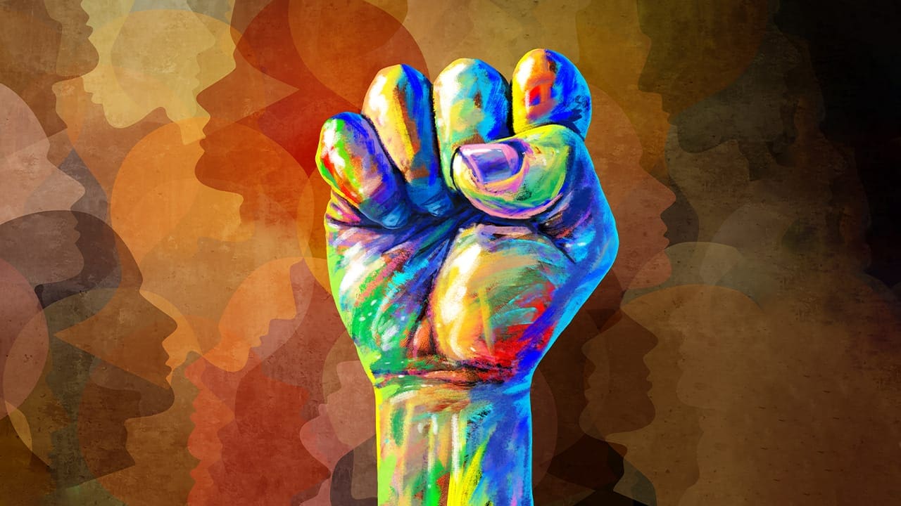 Juneteenth inspired artwork of water colored fist and silhouettes of multi skin toned African American faces.
