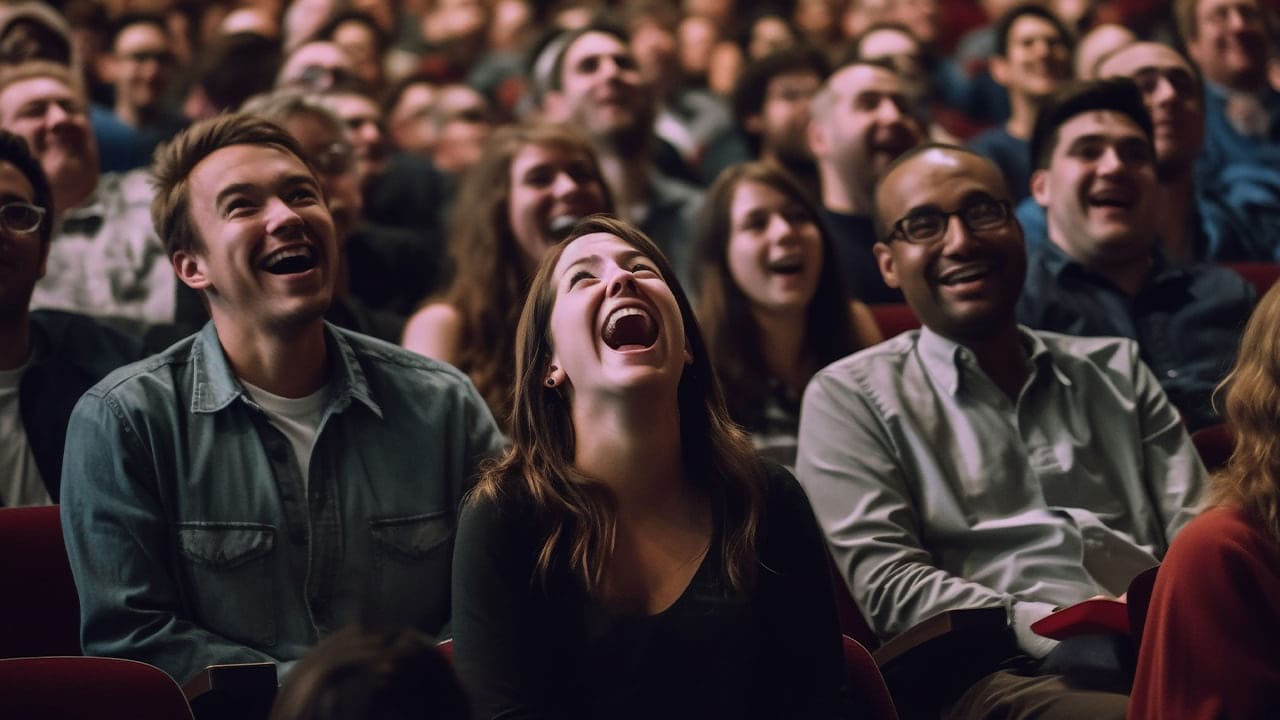 Large diverse audience laughing at entertainment.