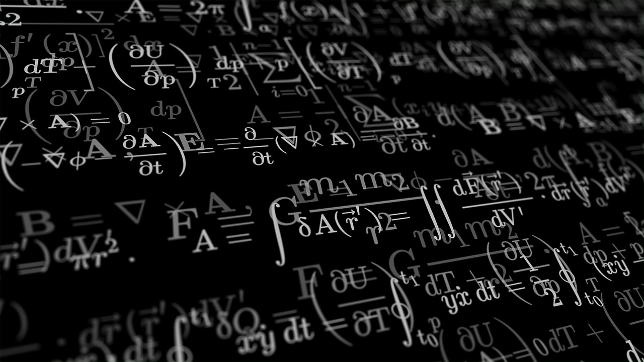 Layered illustration of complex mathematical formulas on a black background.