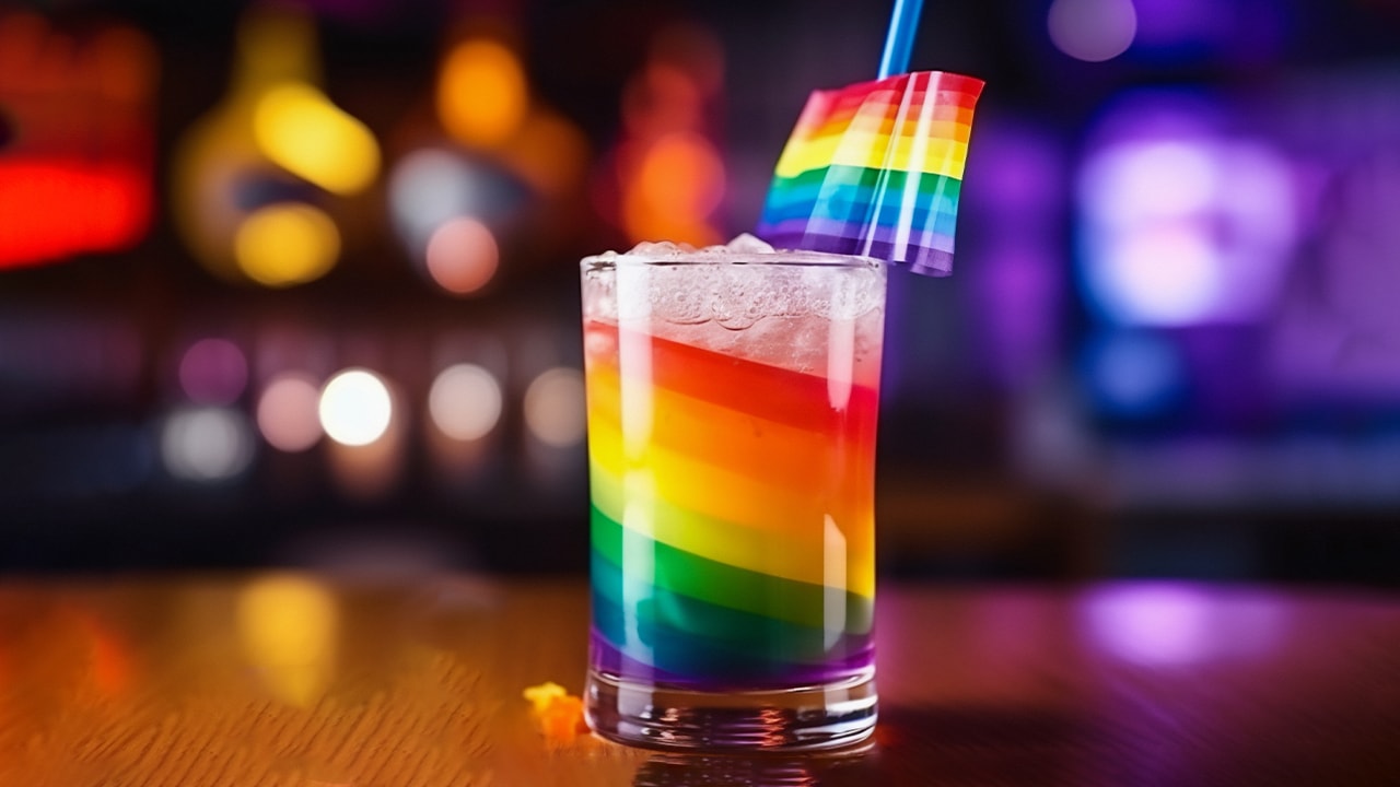 LGBTQ+ rainbow pride month themed alcoholic drink for New Jersey pride month event.