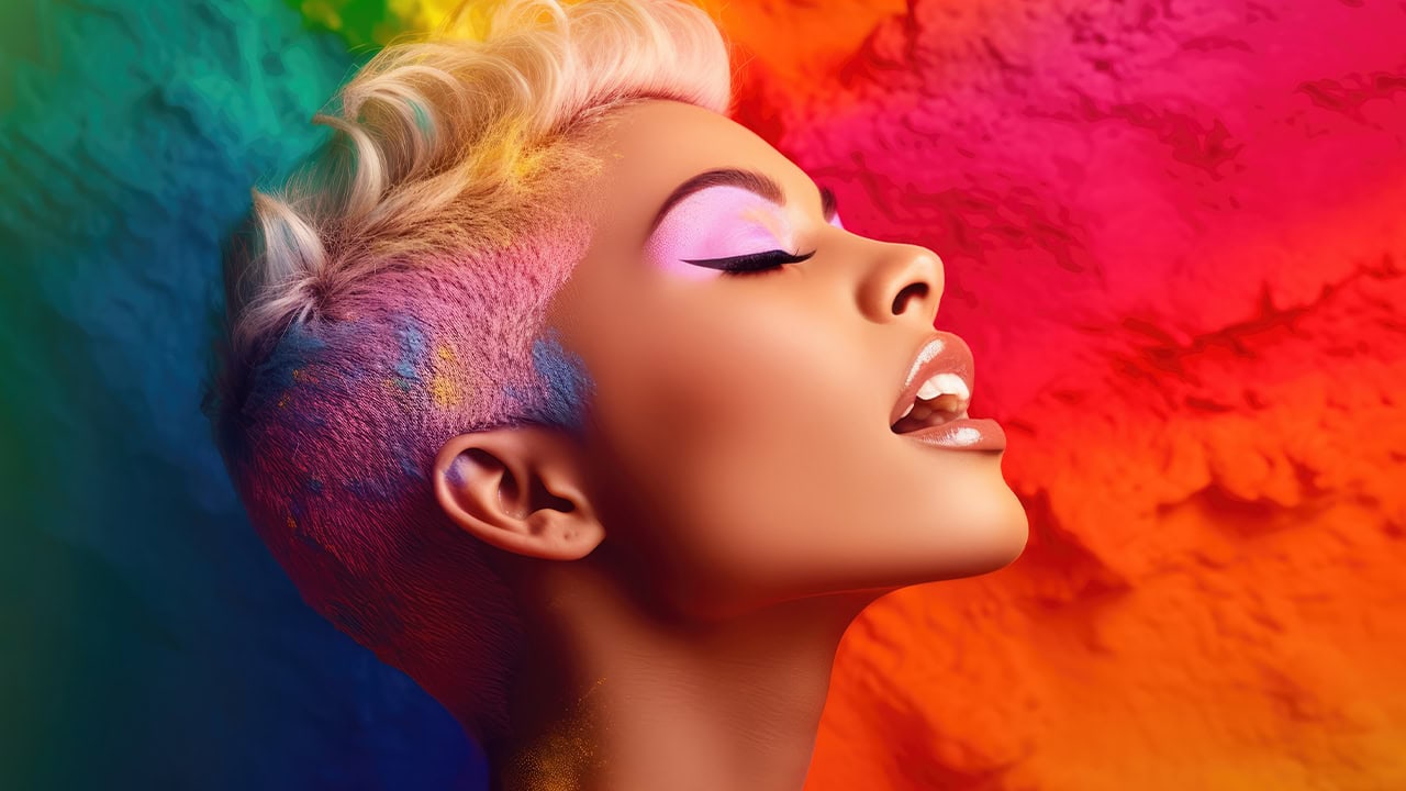 LGBTQA+ model with short vibrant colorful hair.