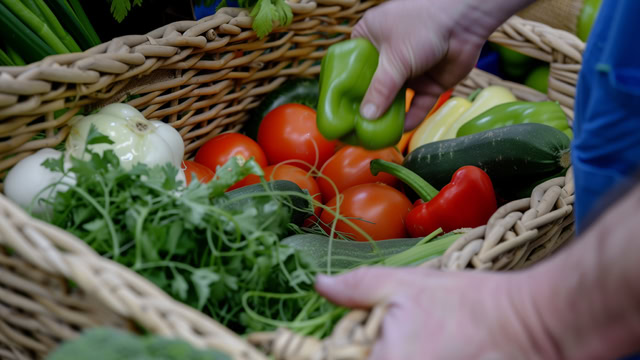 Local volunteer arranging a variety of vegetables in a charity basket.